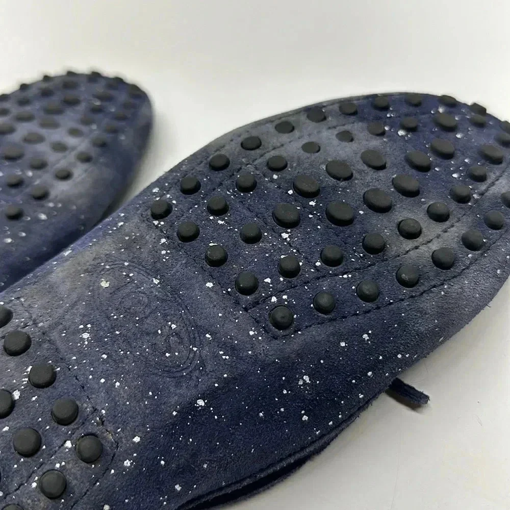 Tods Driving Moccasins Loafers Suede Leather Paint Splatter Navy Blue Size 7.5
